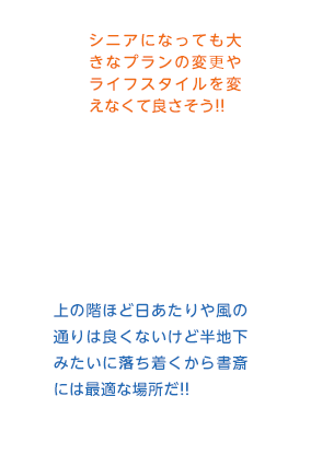 「シニアになっても大きなプランの変更やライフスタイルを変えなくて良さそう！！」「上の階ほど日あたりや風の通りは良くないけど半地下みたいに落ち着くから書斎には最適な場所だ！！」